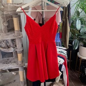 Red lace top flowy dress